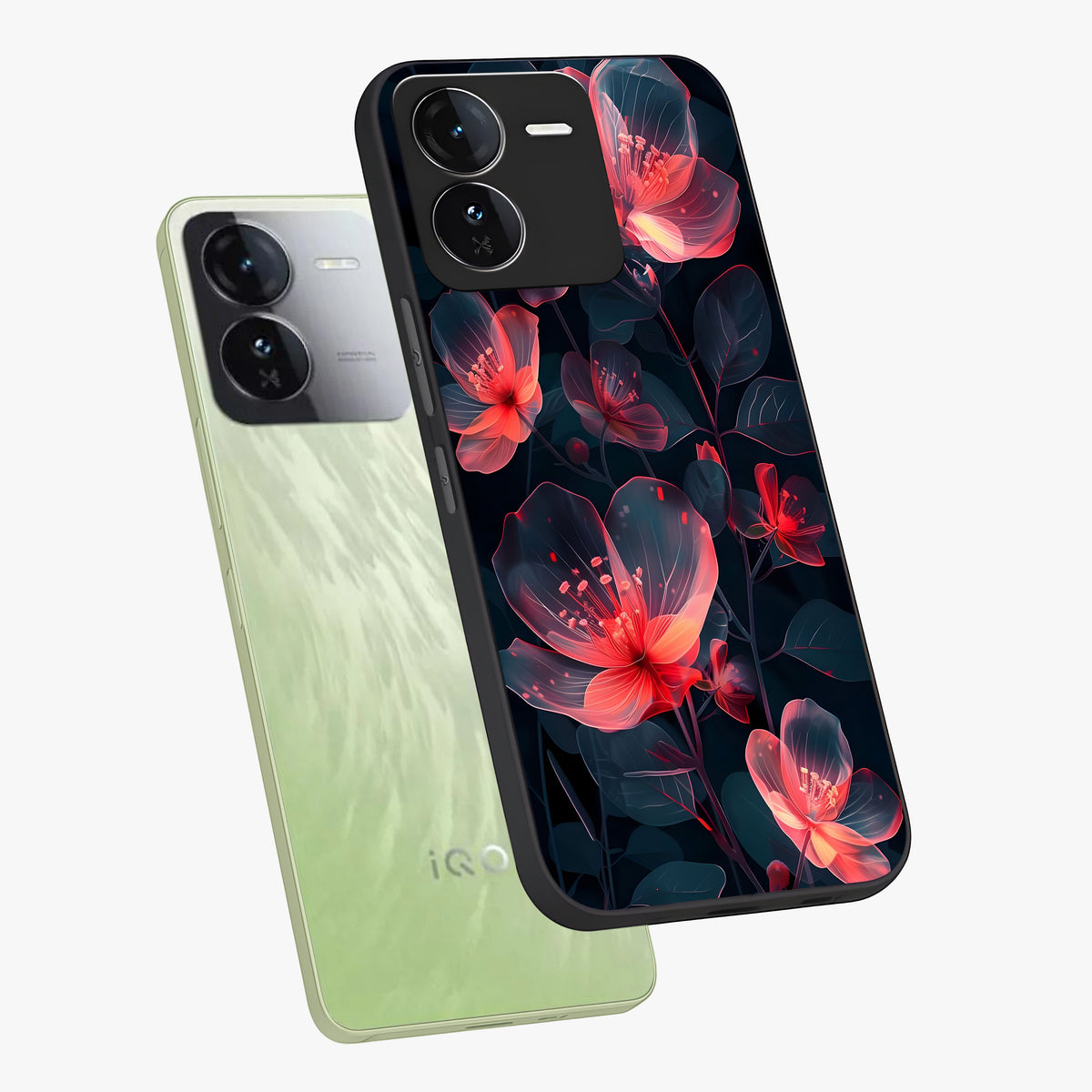 Dark Shade of Flower Glass Case displayed in angled mockup highlighting moody floral illustration with aesthetic dark tones.