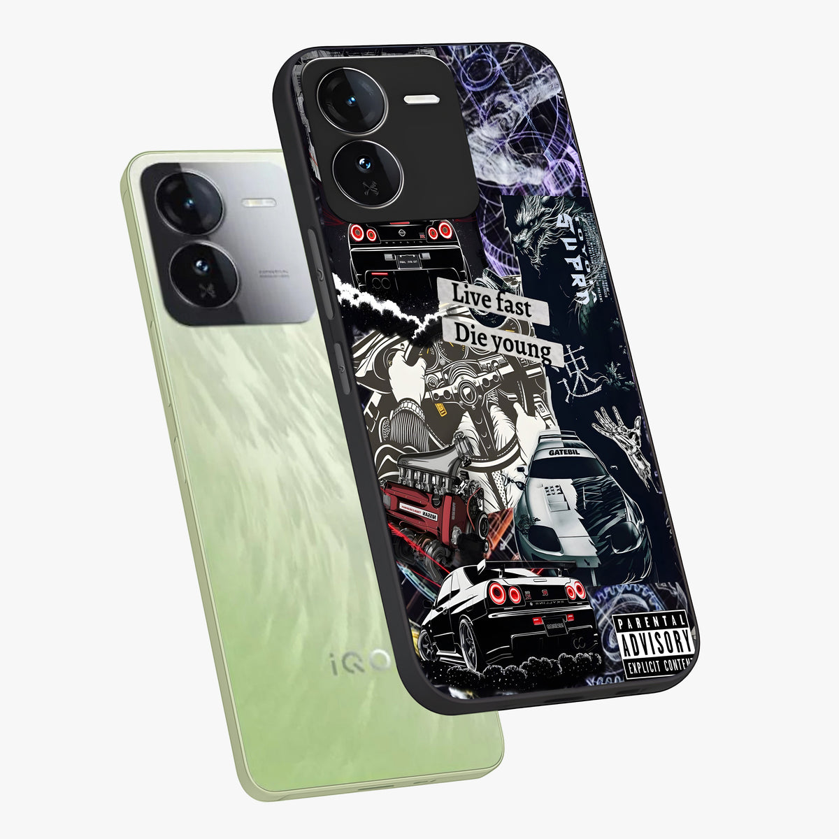 Die Young Glass Case displayed in angled mockup highlighting expressive graphic artwork with edgy aesthetic style.