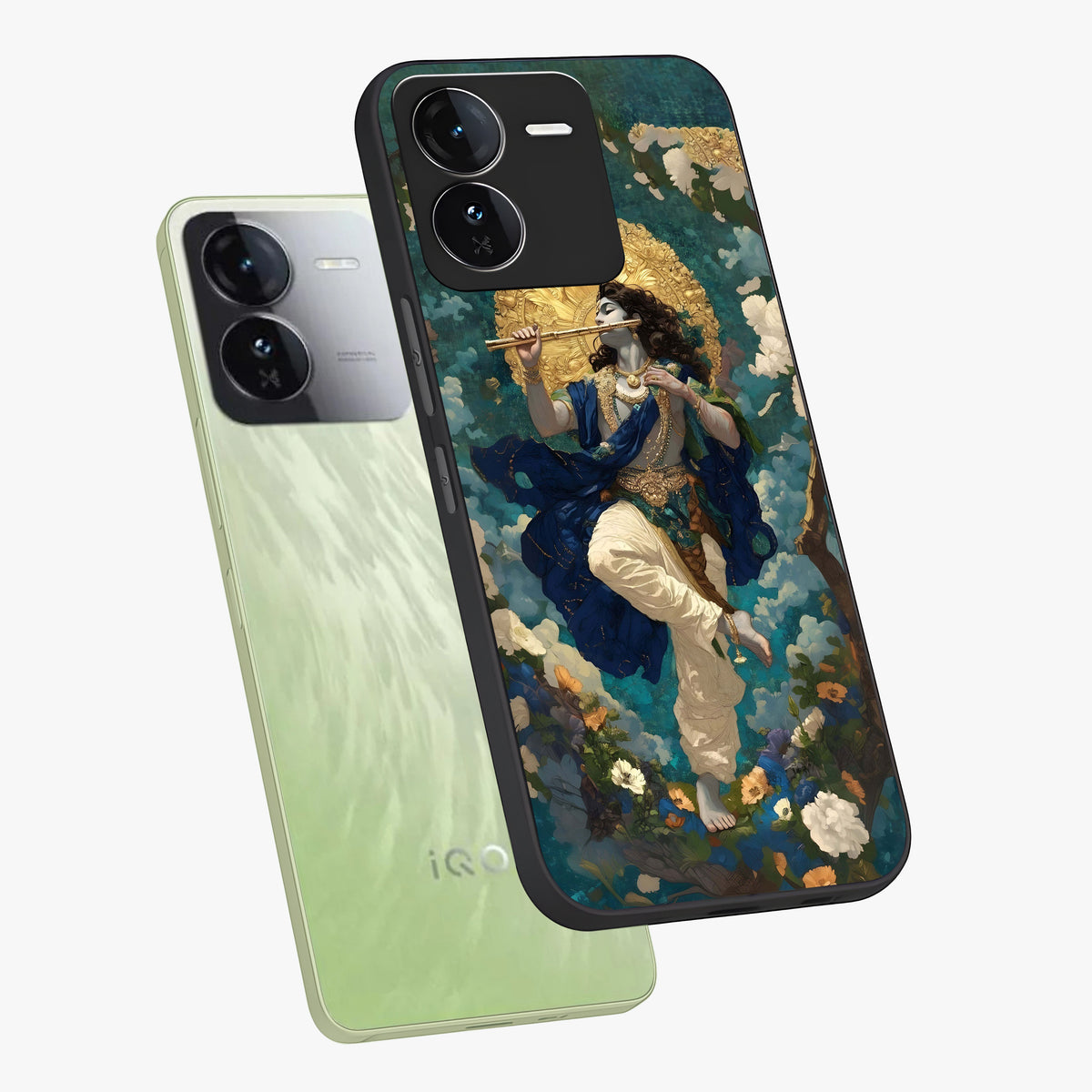 Divine Krishna Art Glass Case displayed in angled mockup highlighting spiritual Krishna illustration with devotional aesthetic.