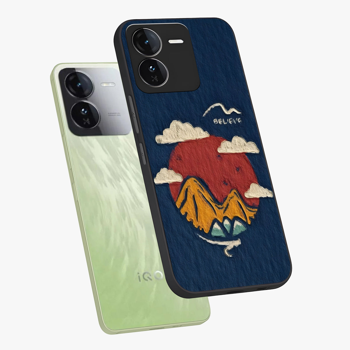 Dream Beyond Mountains Glass Case displayed in angled mockup highlighting dreamy mountain illustration with peaceful aesthetic.