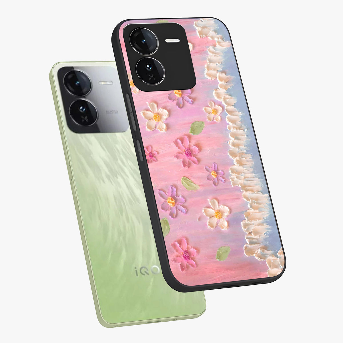 Dreamy Painted Garden Glass Case displayed in angled mockup highlighting colorful garden illustration with dreamy aesthetic style.