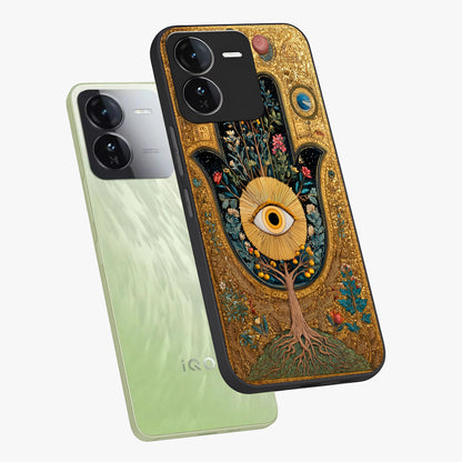 Ethereal Evil Eye Glass Case displayed in angled mockup highlighting protective evil eye symbol with spiritual aesthetic design.