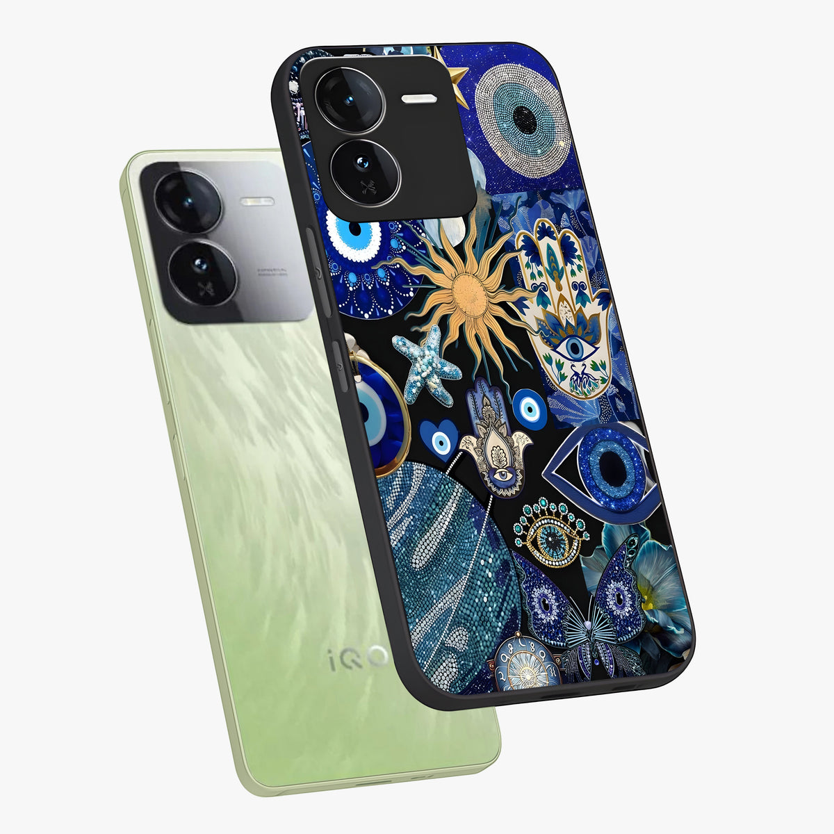Evil Eye Charm Mix Glass Case displayed in angled mockup highlighting protective evil eye symbols with spiritual aesthetic design.