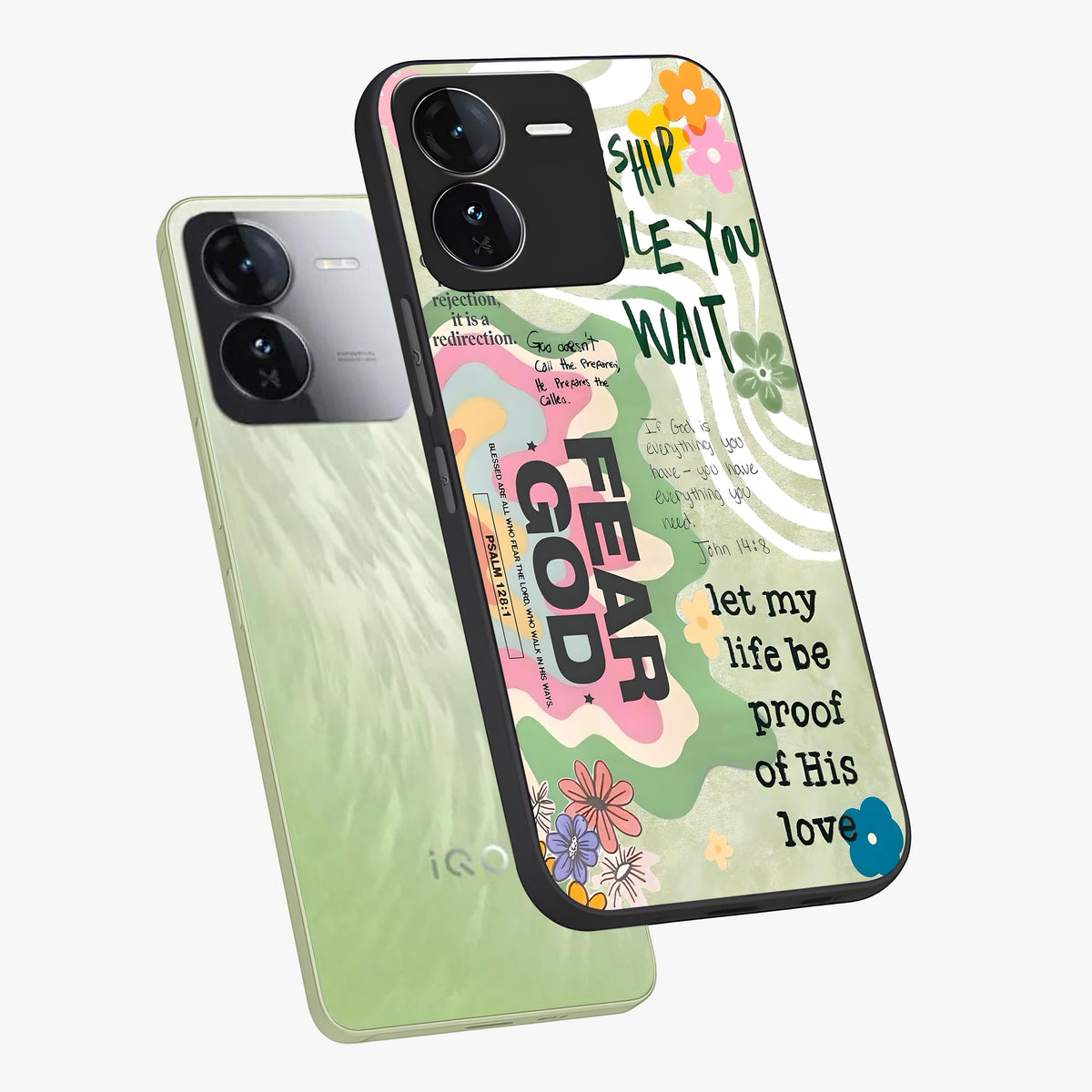 Faith Over Fear Glass Case displayed in angled mockup highlighting inspirational message design with modern aesthetic style.