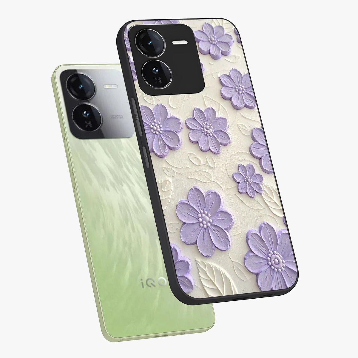 Floral Wall Art With Purple Flowers Glass Case displayed in angled mockup highlighting vibrant purple floral illustration with artistic aesthetic.