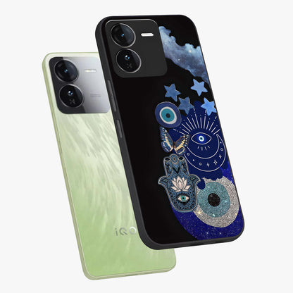 Galactic Charm Cluster Glass Case displayed in angled mockup highlighting luminous galaxy inspired design with dreamy aesthetic.