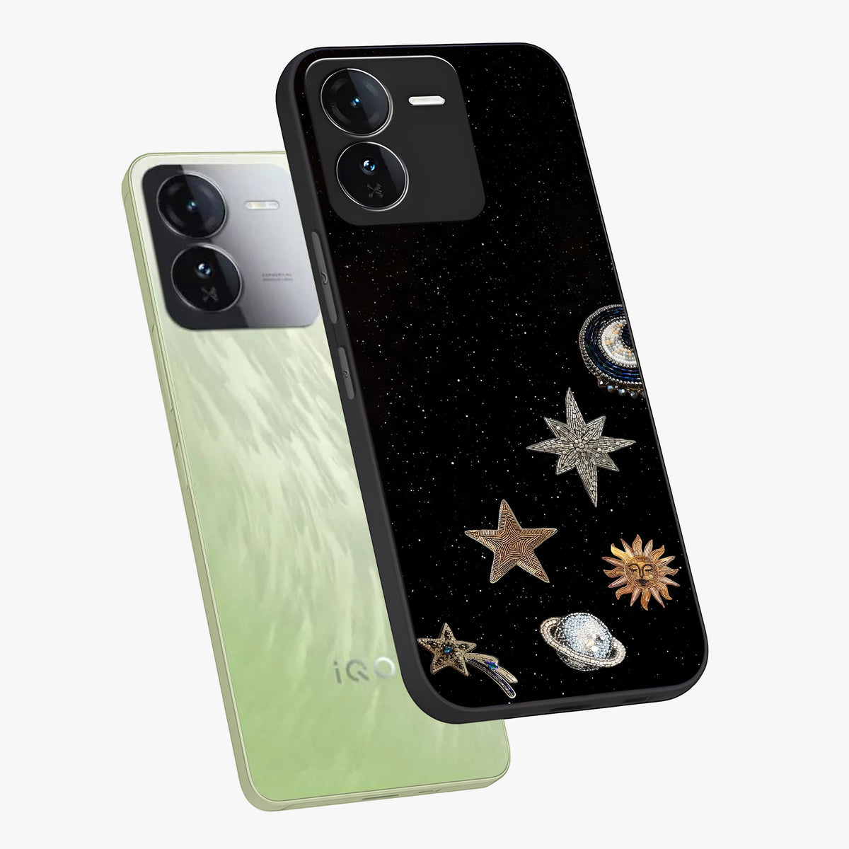 Galactic Charm Glow Glass Case displayed in angled mockup highlighting luminous galaxy inspired design with dreamy aesthetic.