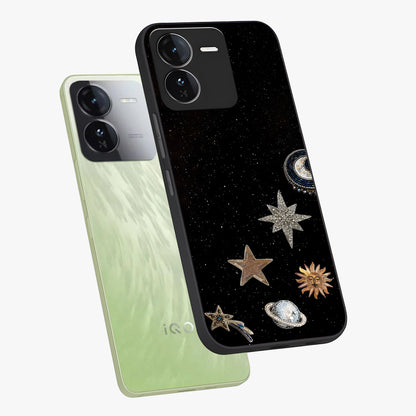 Galactic Charm Glow Glass Case displayed in angled mockup highlighting luminous galaxy inspired design with dreamy aesthetic.