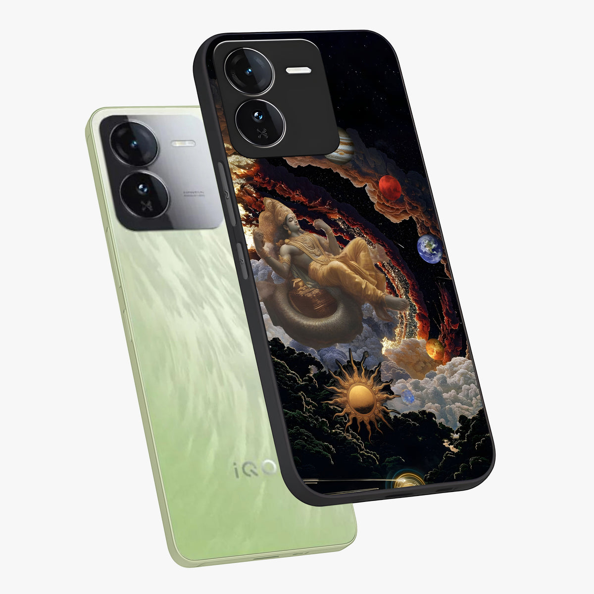Galactic Divine God Glass Case displayed in angled mockup highlighting powerful celestial deity illustration with galactic aesthetic.