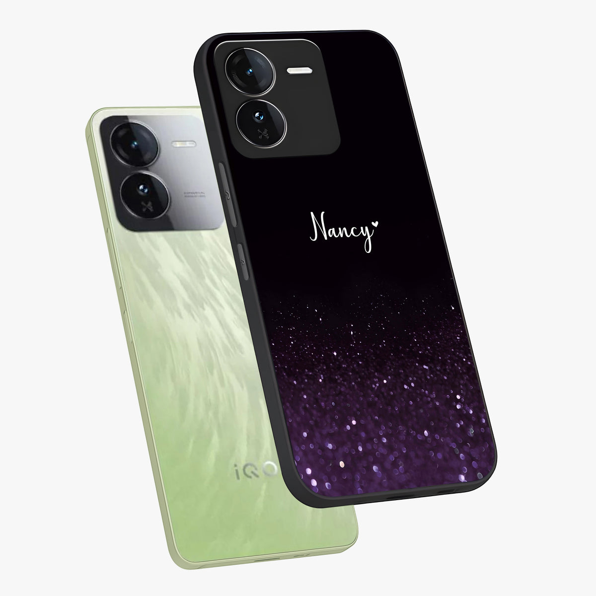 Glittery Purple Bokeh Custom Name Glass Case displayed in angled mockup highlighting glitter bokeh pattern with custom name feature.