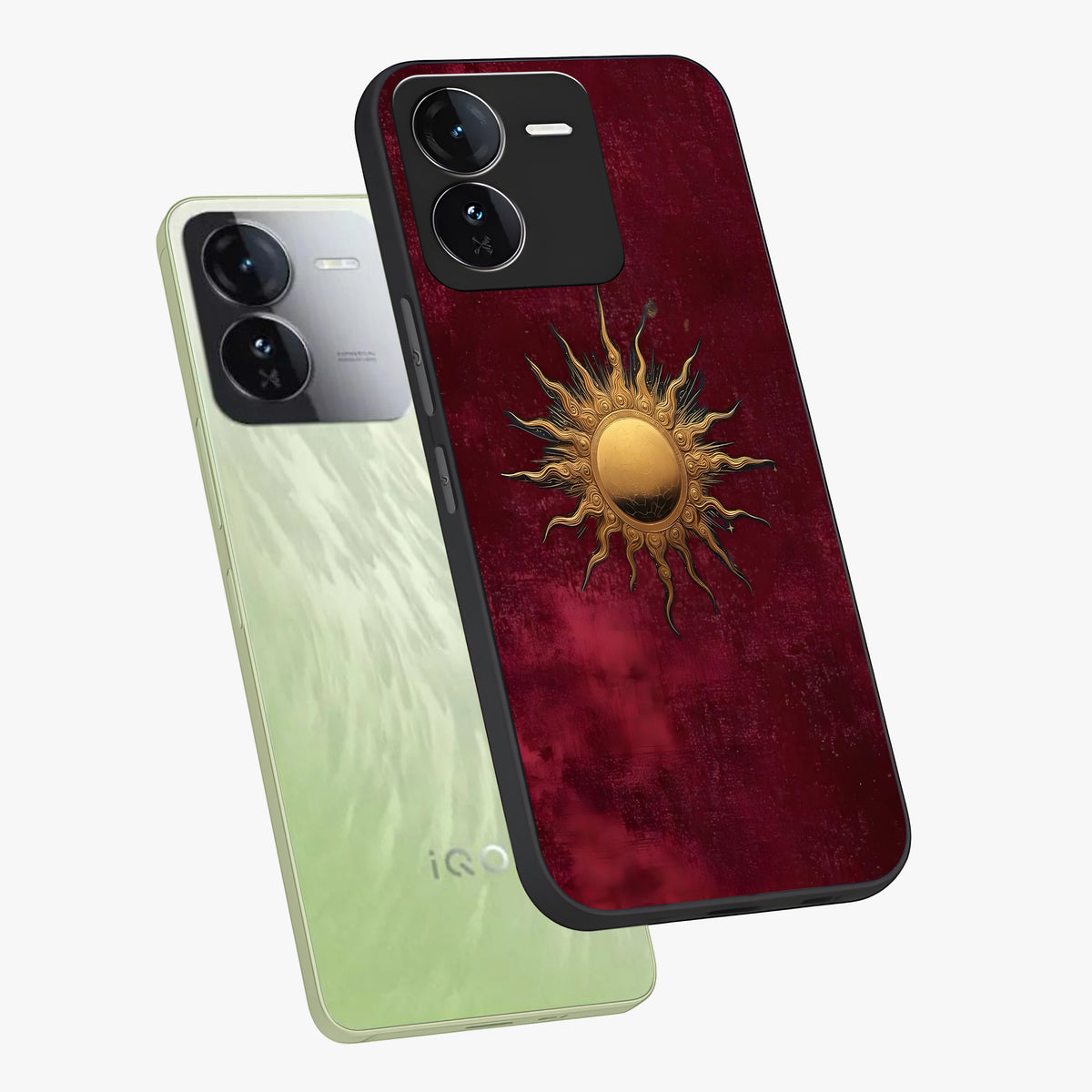 Golden Sun Minimalism Glass Case displayed in angled mockup highlighting clean sun symbol design with modern minimal aesthetic.