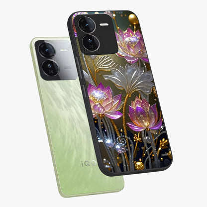 Golden Floral Majesty Glass Case displayed in angled mockup highlighting elegant flower design with royal golden aesthetic.