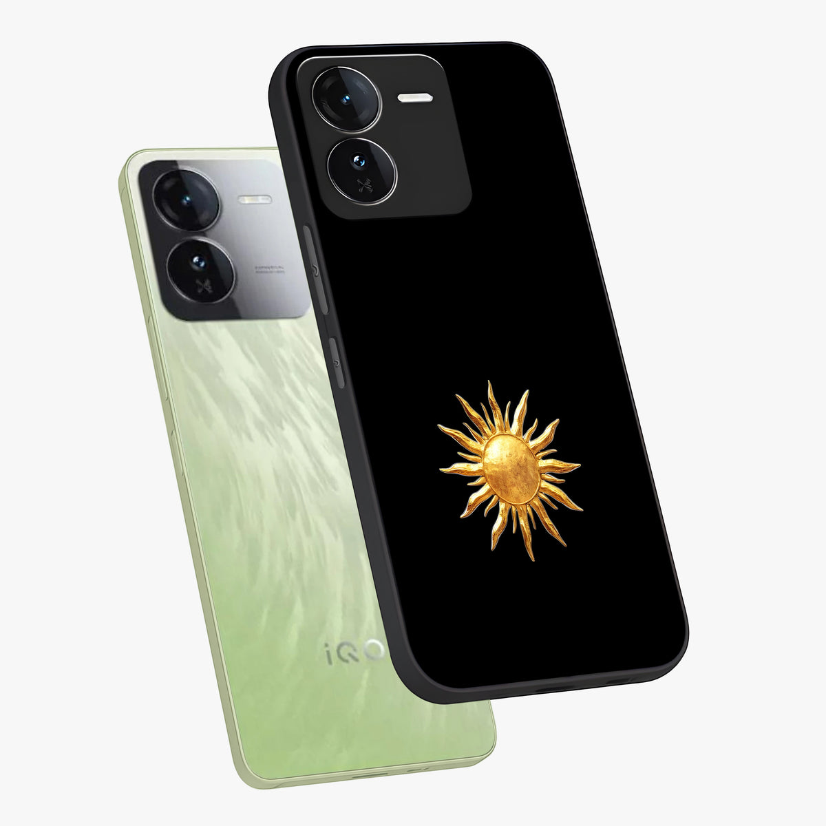 Golden Sun Minimalism Glass Case displayed in angled mockup highlighting eerie shadow illustration with gothic aesthetic.