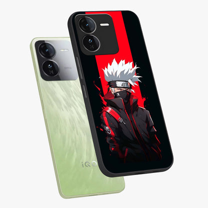 Kakashi Scarlet Shadow Glass Case displayed in angled mockup highlighting dramatic ninja illustration with scarlet themed aesthetic.