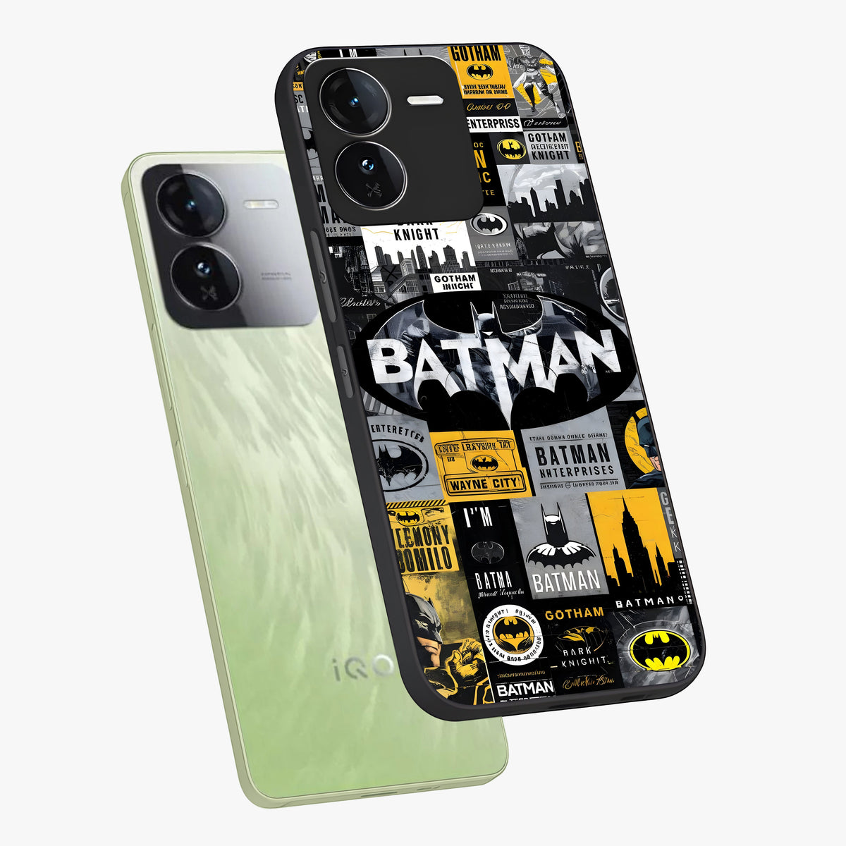 Knight Gotham Rise Glass Case displayed in angled mockup highlighting powerful knight silhouette design with dramatic aesthetic.
