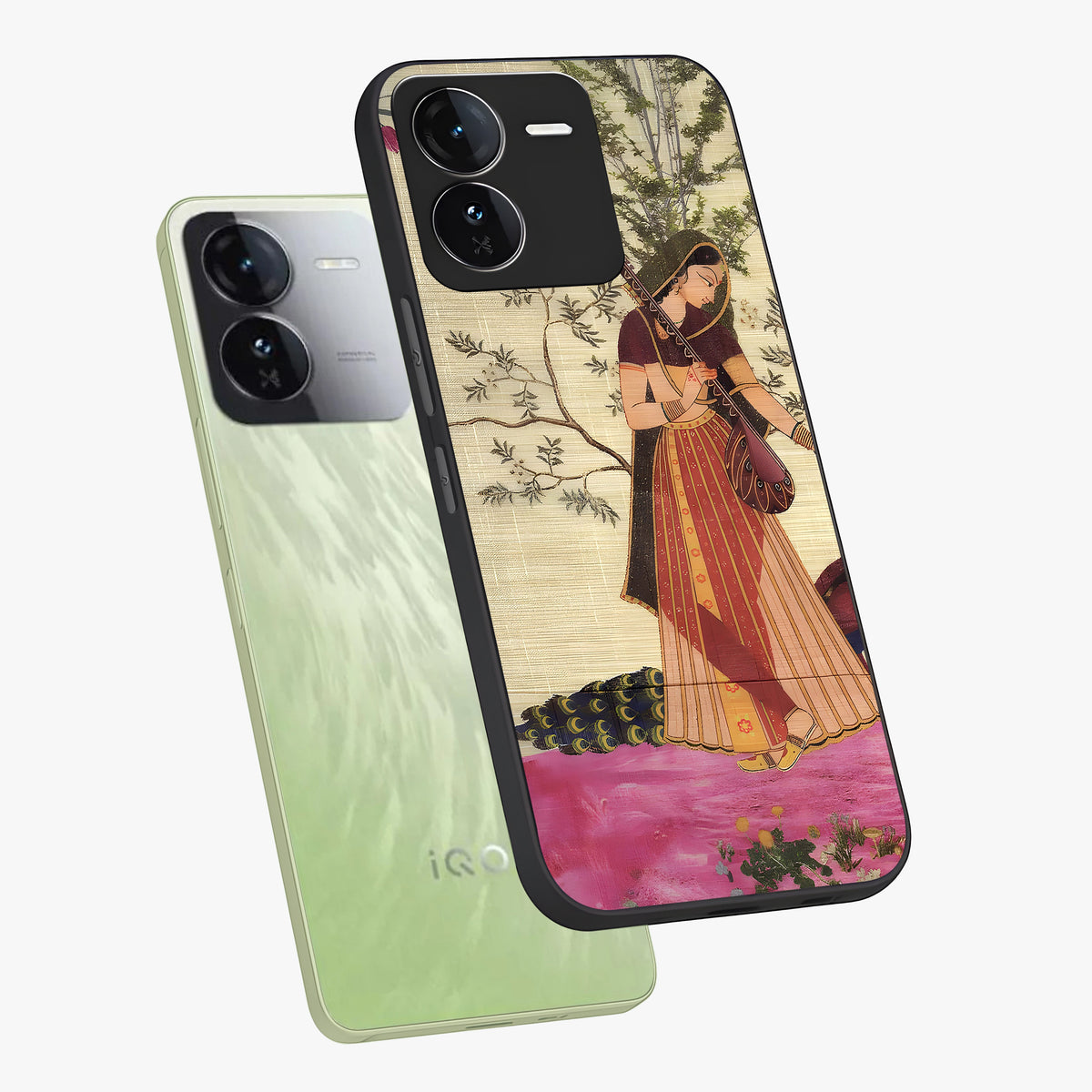 Lady With Veena Art Glass Case displayed in angled mockup highlighting graceful musical illustration with cultural artistic aesthetic.