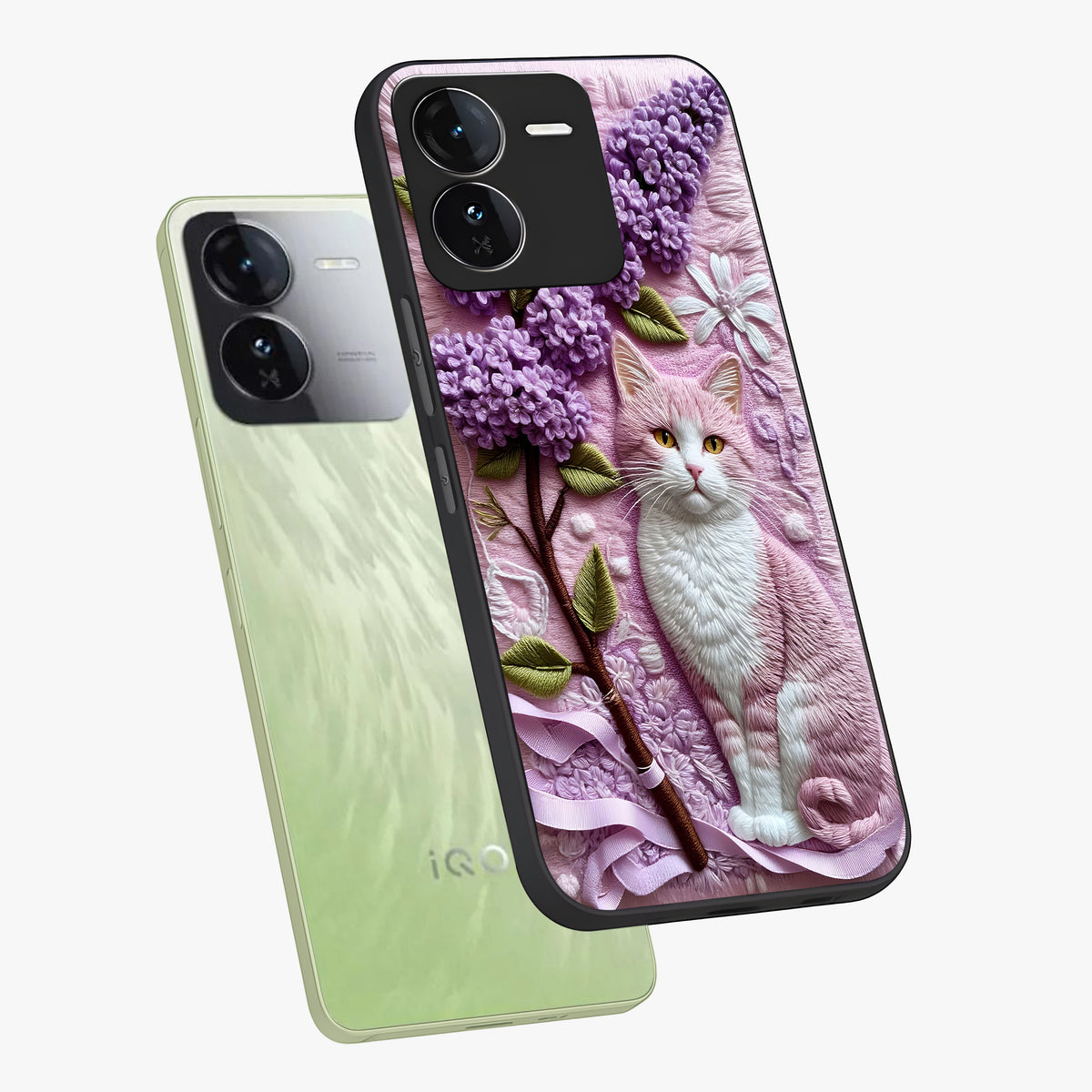 Lavender Cat Whimsy Glass Case displayed in angled mockup highlighting playful feline illustration with pastel lavender aesthetic.