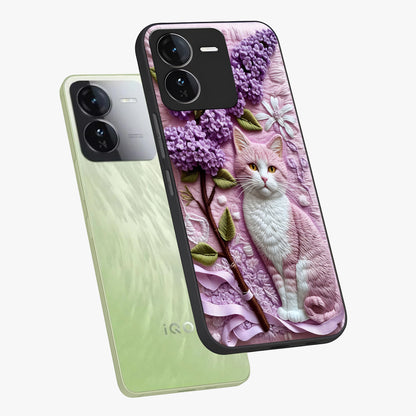 Lavender Cat Whimsy Glass Case displayed in angled mockup highlighting playful feline illustration with pastel lavender aesthetic.