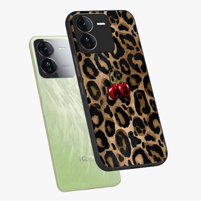 Leopard Wild Cherry Glass Case displayed in angled mockup highlighting bold animal print design with playful cherry aesthetic.