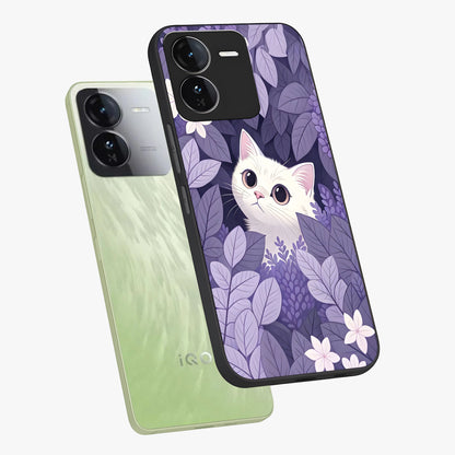Lilac Hide Peek Cat Glass Case displayed in angled mockup highlighting playful feline illustration with lilac aesthetic design.