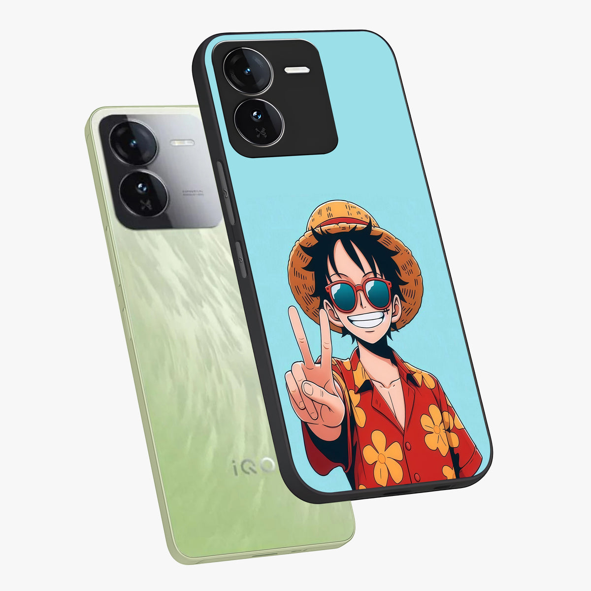 Luffy Summer Anime Vibe Glass Case displayed in angled mockup highlighting energetic anime illustration with summer vibe aesthetic.