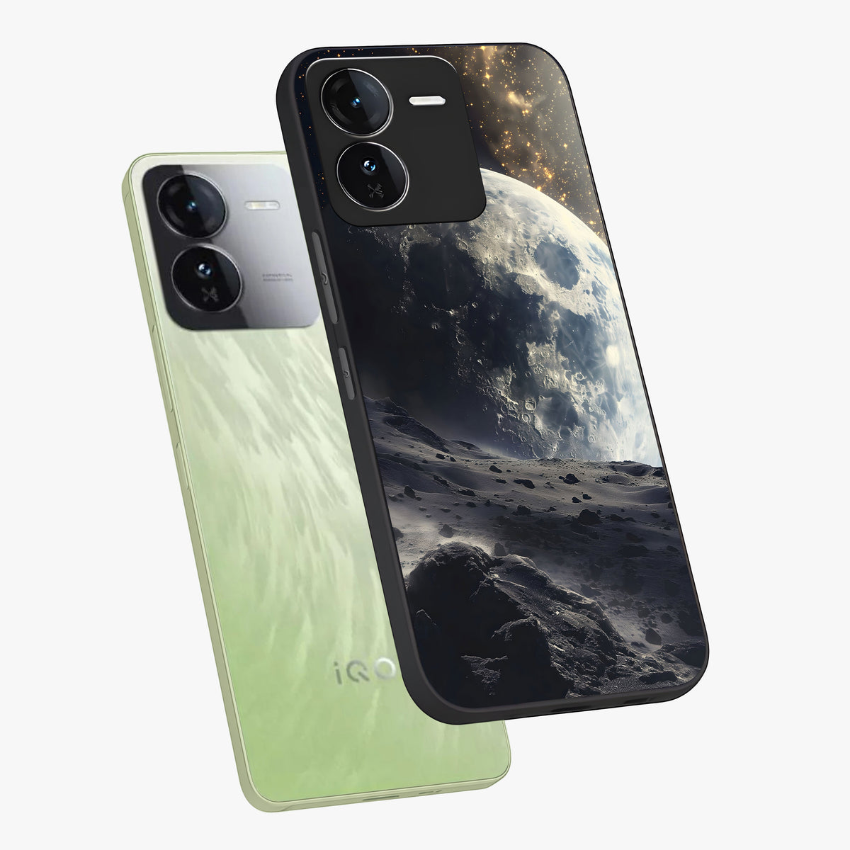 Lunar Horizon Glow Glass Case displayed in angled mockup highlighting celestial moon design with dreamy night aesthetic.
