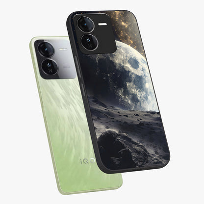 Lunar Horizon Glow Glass Case displayed in angled mockup highlighting celestial moon design with dreamy night aesthetic.