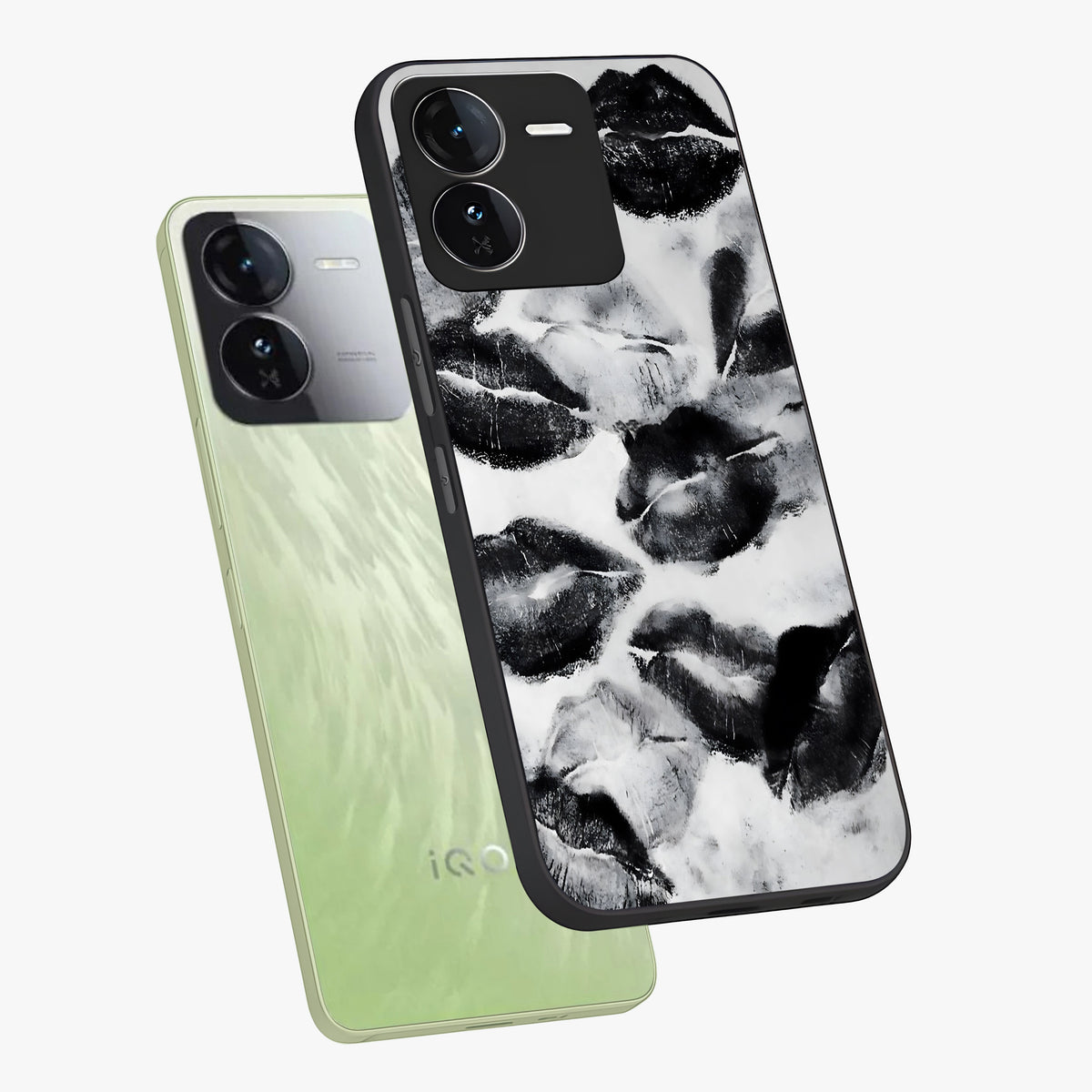 Midnight Kiss Marks Glass Case displayed in angled mockup highlighting playful romantic design with bold midnight aesthetic.