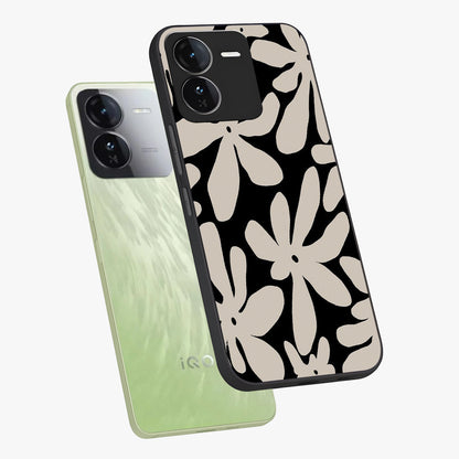 Monochrome Petal Dance Glass Case displayed in angled mockup highlighting elegant petal design with black and white aesthetic.