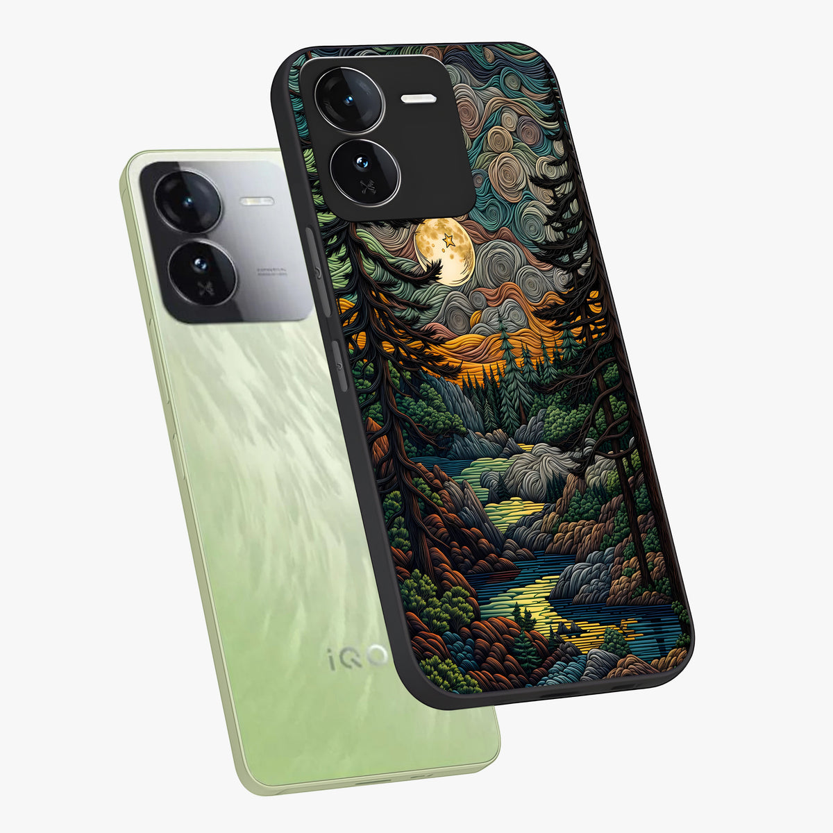 Moonlight Forest Dream Glass Case displayed in angled mockup highlighting dreamy forest design with glowing moon aesthetic.