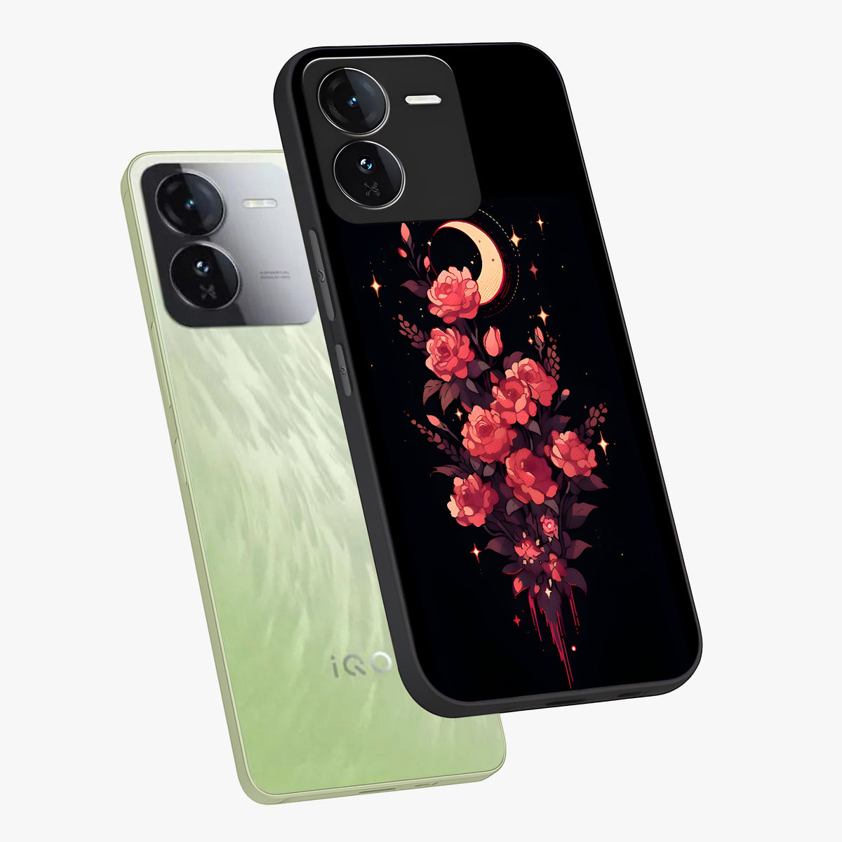 Moonlit Floral Elegance Glass Case displayed in angled mockup highlighting graceful flower design with soft moonlight aesthetic.