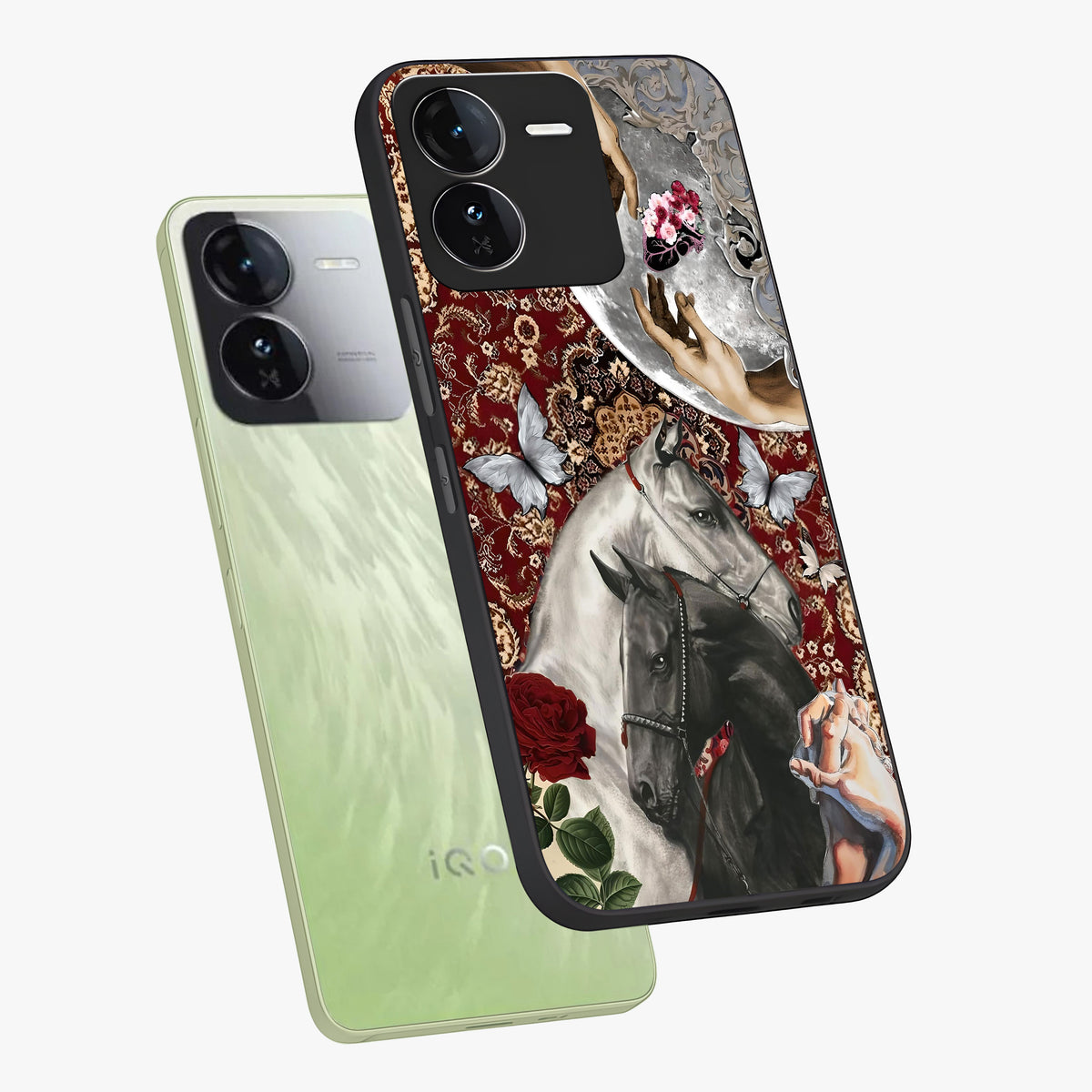 Moonlit Royal Stallion Glass Case displayed in angled mockup highlighting powerful stallion illustration with royal night aesthetic.
