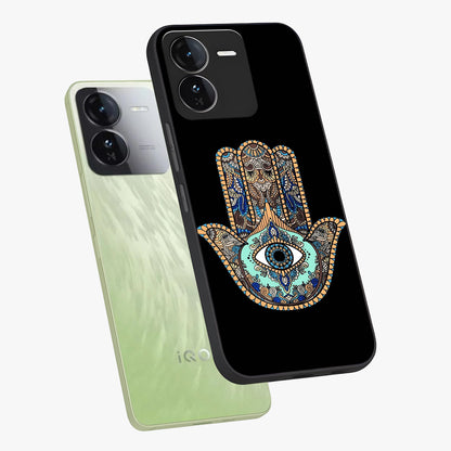Mystic Hamsa Eye Glass Case displayed in angled mockup highlighting spiritual hamsa symbol with mystical aesthetic style.