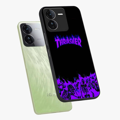 Neon Flame Riot Glass Case displayed in angled mockup highlighting glowing flame design with vibrant neon aesthetic.