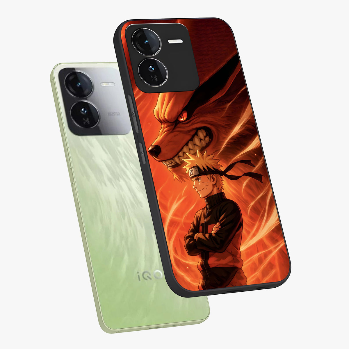 Nine Tails Legacy Glass Case displayed in angled mockup highlighting dynamic anime beast illustration with bold mystical aesthetic.