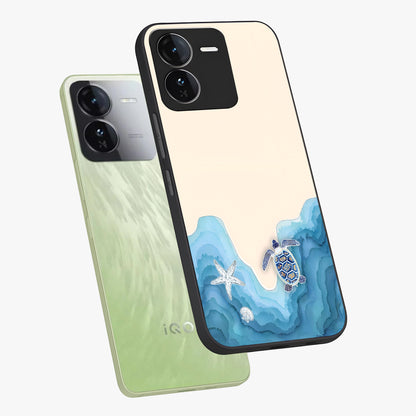 Ocean Drift Turtle Glass Case displayed in angled mockup highlighting peaceful ocean turtle illustration with marine aesthetic.