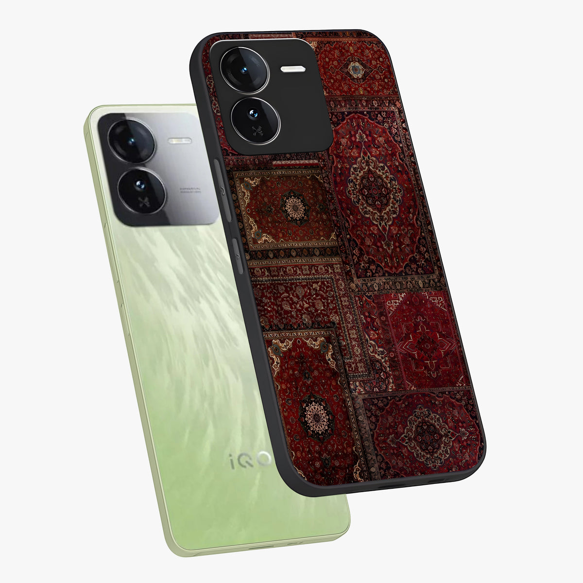 Persian Velvet Tale Glass Case displayed in angled mockup highlighting ornate textile inspired design with royal aesthetic.