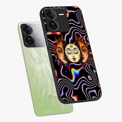 Psychedelic Sun Glass Case displayed in angled mockup highlighting vibrant abstract sun design with artistic aesthetic style.