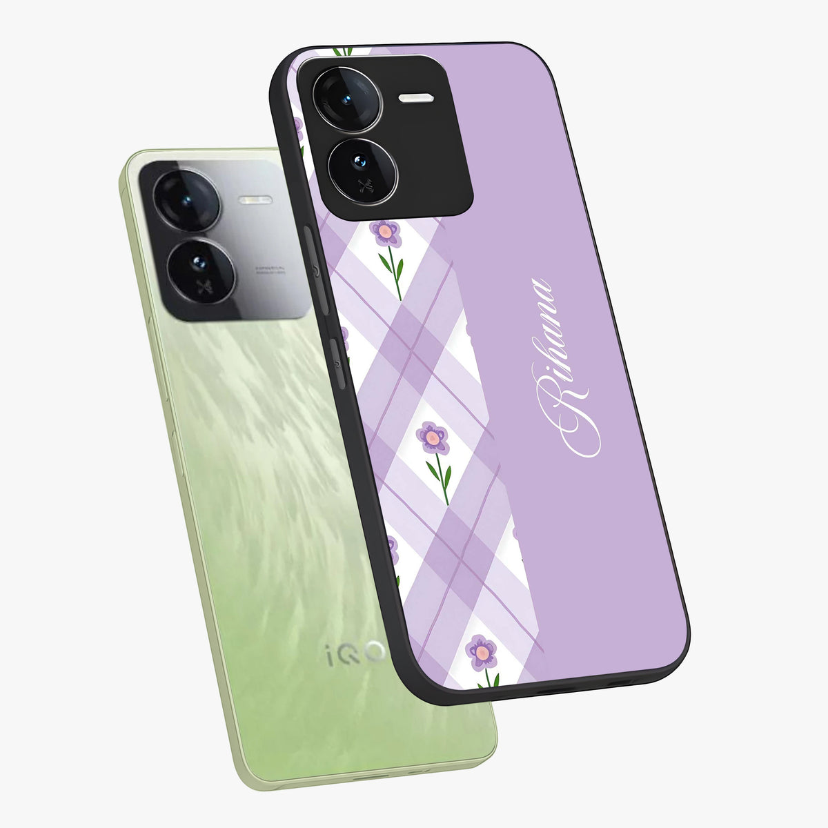 Purple Diamond Floral Glass Case displayed in angled mockup highlighting elegant purple flower design with decorative pattern.