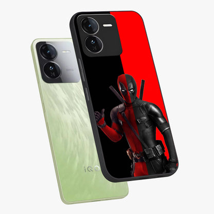 Red & Black Deadpool Theme Glass Case displayed in angled mockup highlighting vibrant superhero style illustration with action aesthetic.