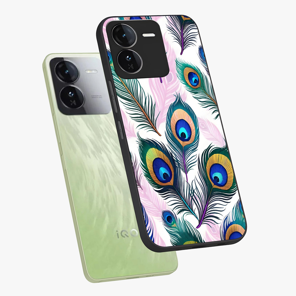 Royal Peacock Feathers Glass Case displayed in angled mockup highlighting vibrant feather pattern with regal aesthetic style.
