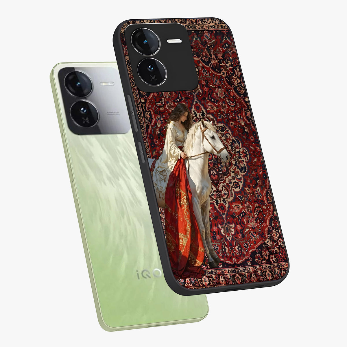 Royal Rider Tapestry Glass Case displayed in angled mockup highlighting traditional tapestry design with royal heritage aesthetic.