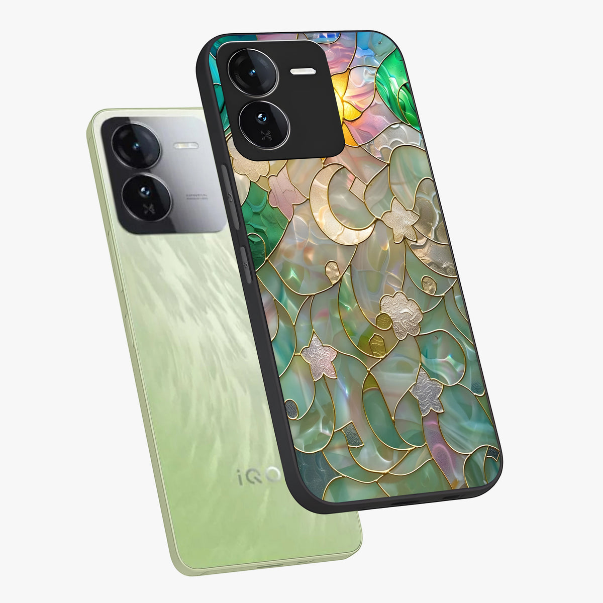 Stained Sunrise Glow Glass Case displayed in angled mockup highlighting radiant sunrise design with artistic aesthetic style.