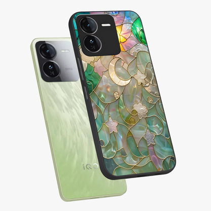 Stained Sunrise Glow Glass Case displayed in angled mockup highlighting radiant sunrise design with artistic aesthetic style.