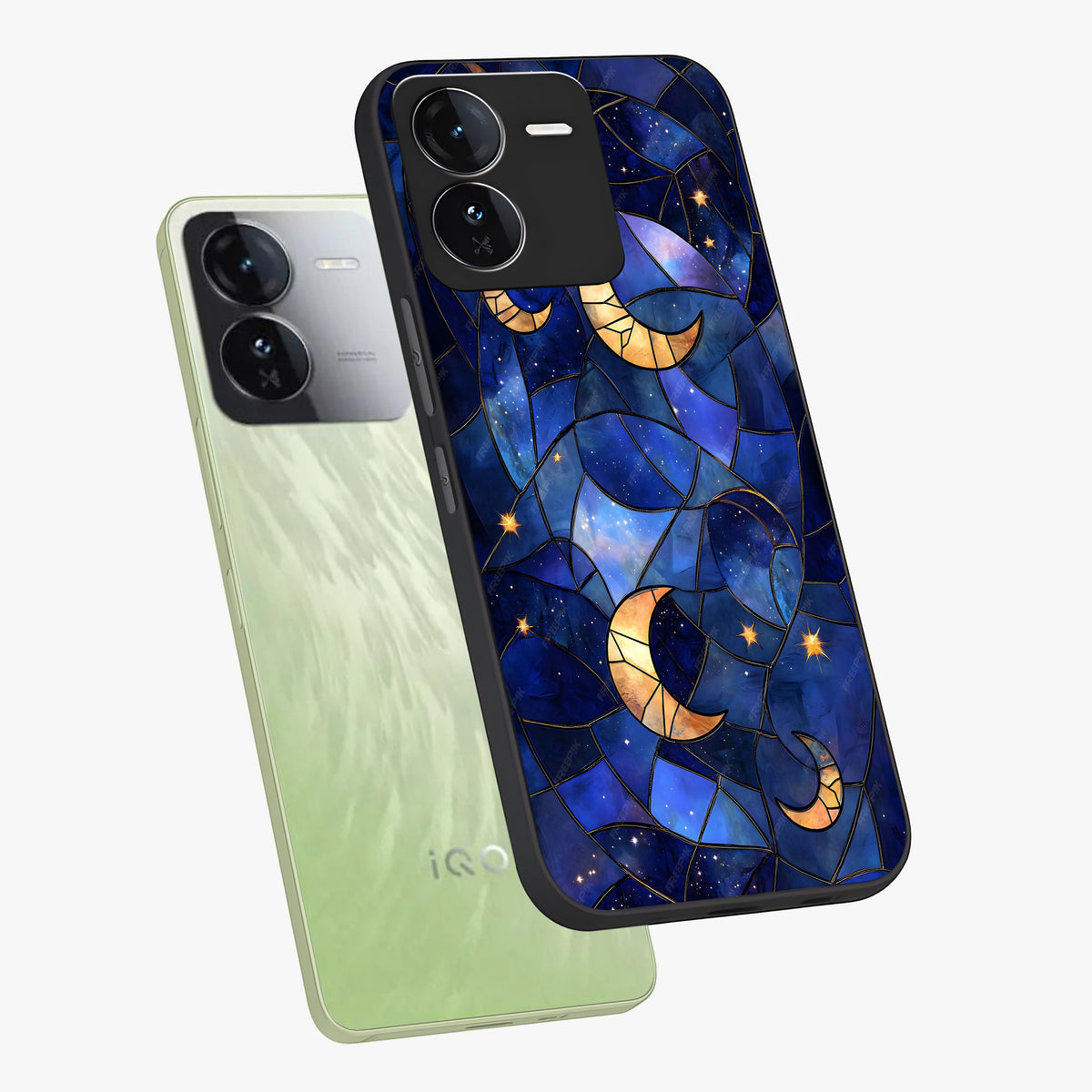 Starlit Sky Tapestry Glass Case displayed in angled mockup highlighting celestial night pattern with artistic aesthetic style.
