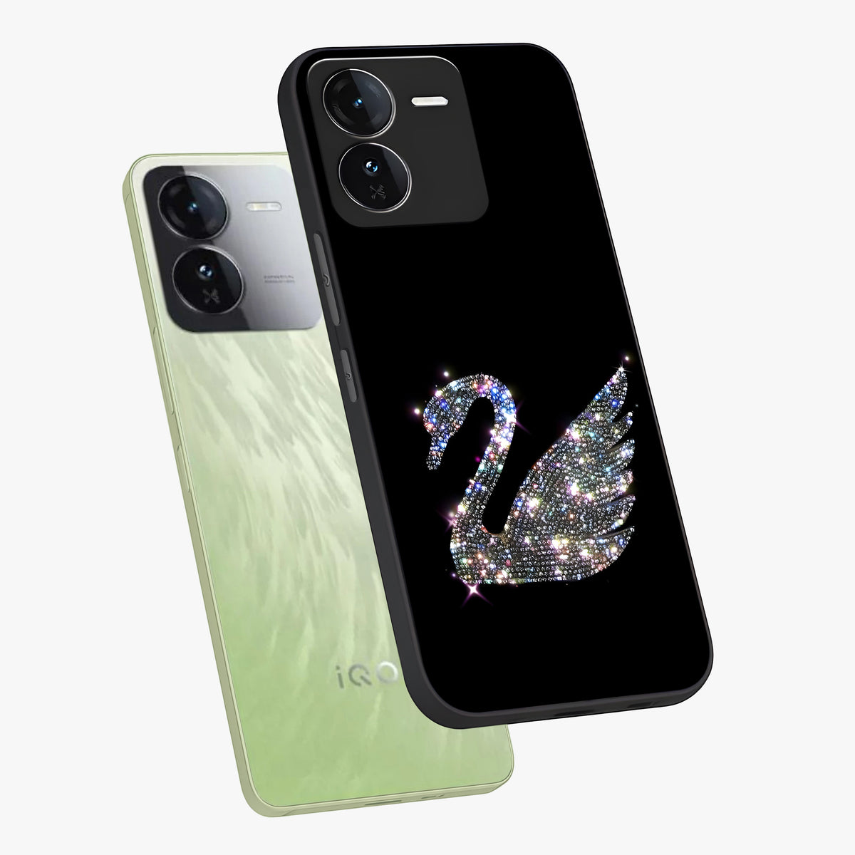Starlit Swan Grace Glass Case displayed in angled mockup highlighting elegant swan illustration with dreamy celestial aesthetic.
