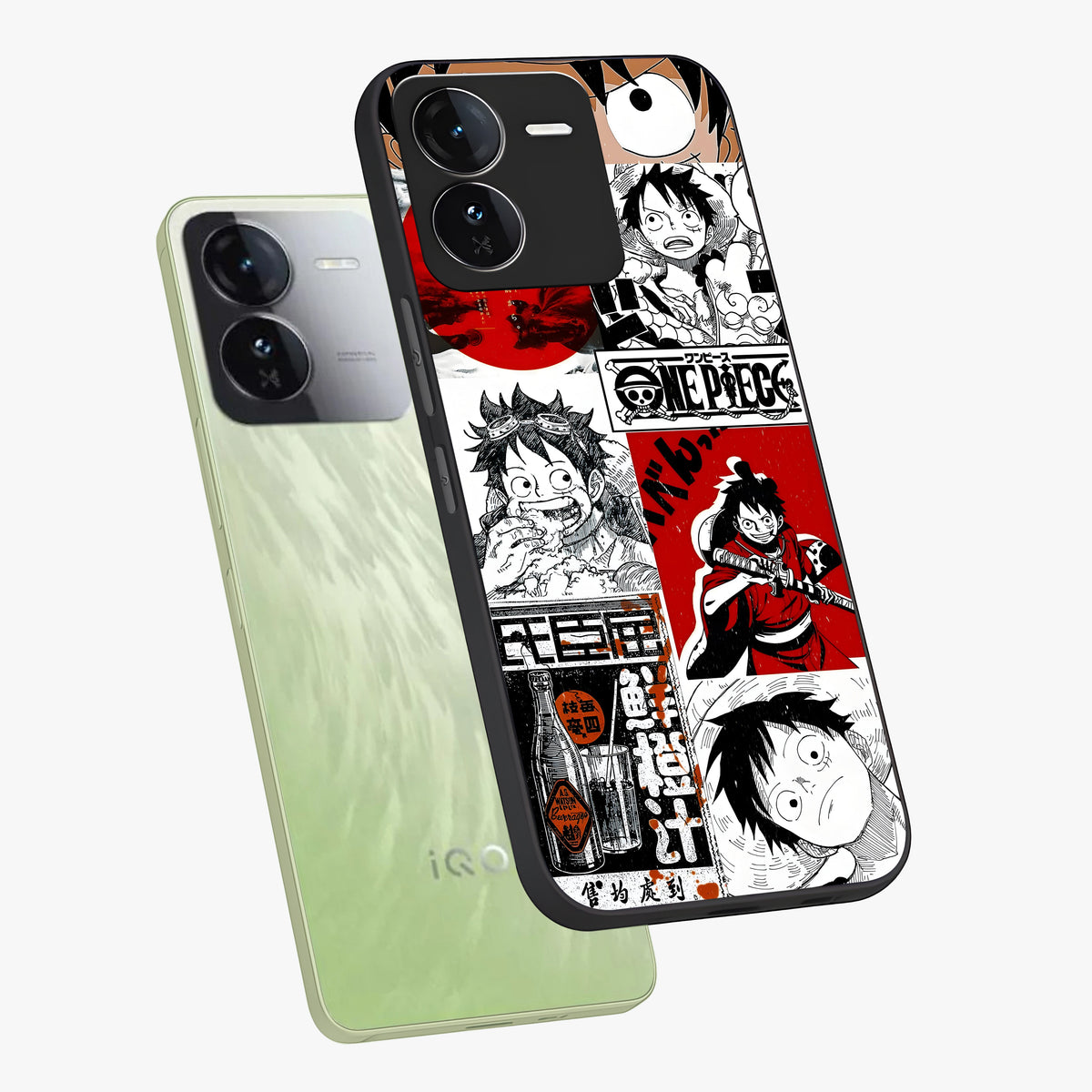 Strawhat Chaos Panels Glass Case displayed in angled mockup highlighting vibrant anime collage design with action aesthetic.
