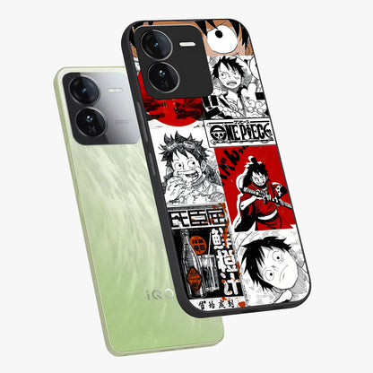 Strawhat Chaos Panels Glass Case displayed in angled mockup highlighting vibrant anime collage design with action aesthetic.