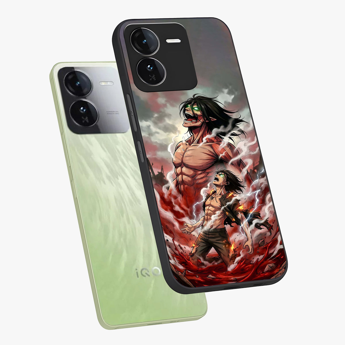 Titan Awakening Fury Glass Case displayed in angled mockup highlighting dramatic giant warrior design with bold anime aesthetic.