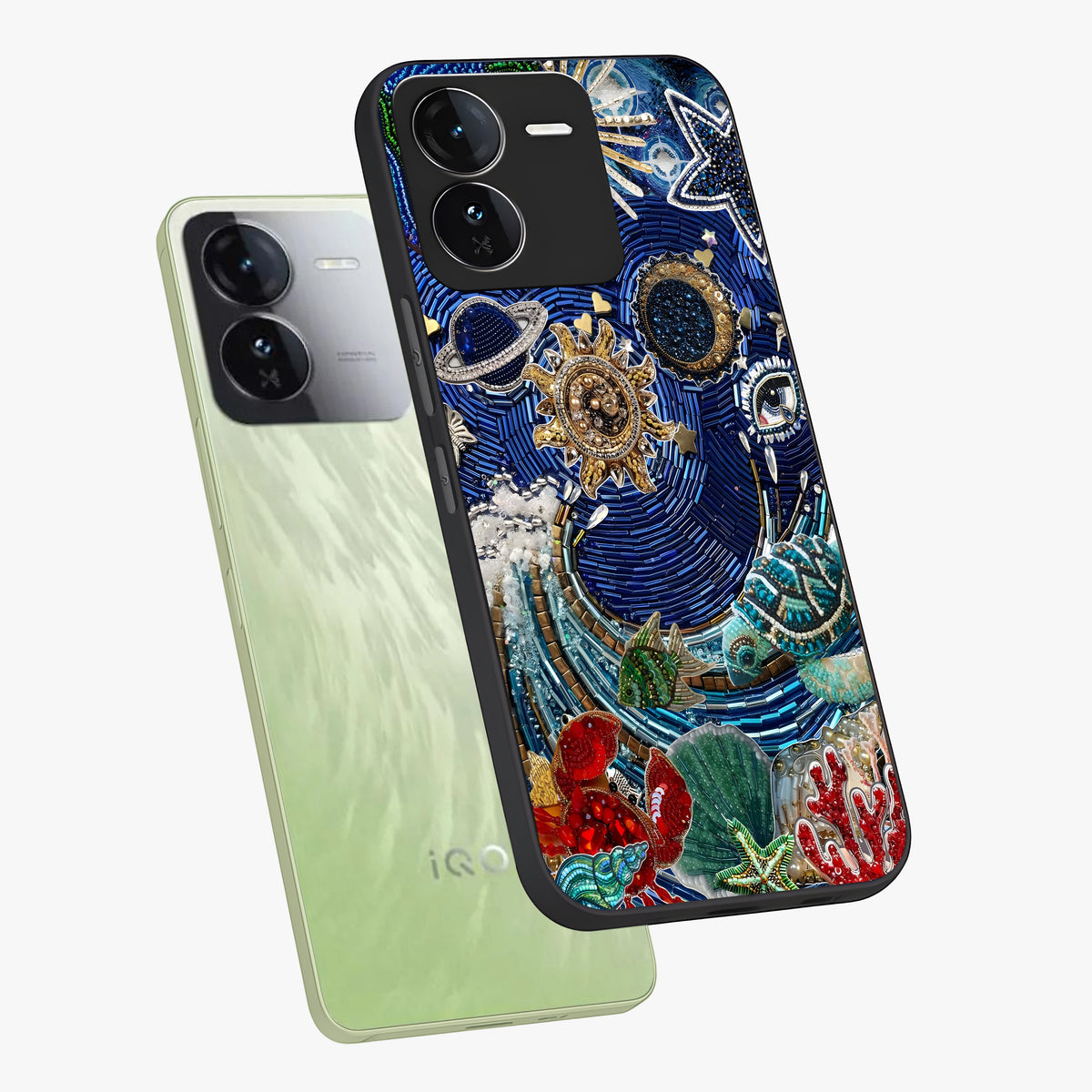 Universe Underwater Spark Glass Case displayed in angled mockup highlighting glowing aquatic design with celestial aesthetic.